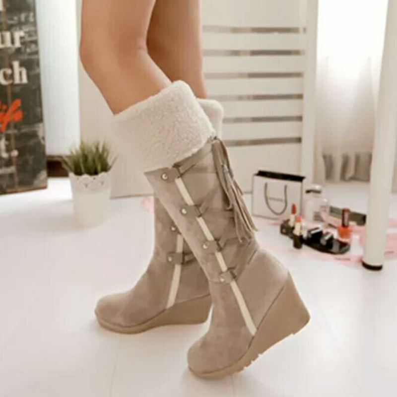 Women's Knee-High Boots - Wedge Heel with Fold-Over Cuff and Tassel Tie