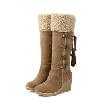 Women's Knee-High Boots - Wedge Heel with Fold-Over Cuff and Tassel Tie