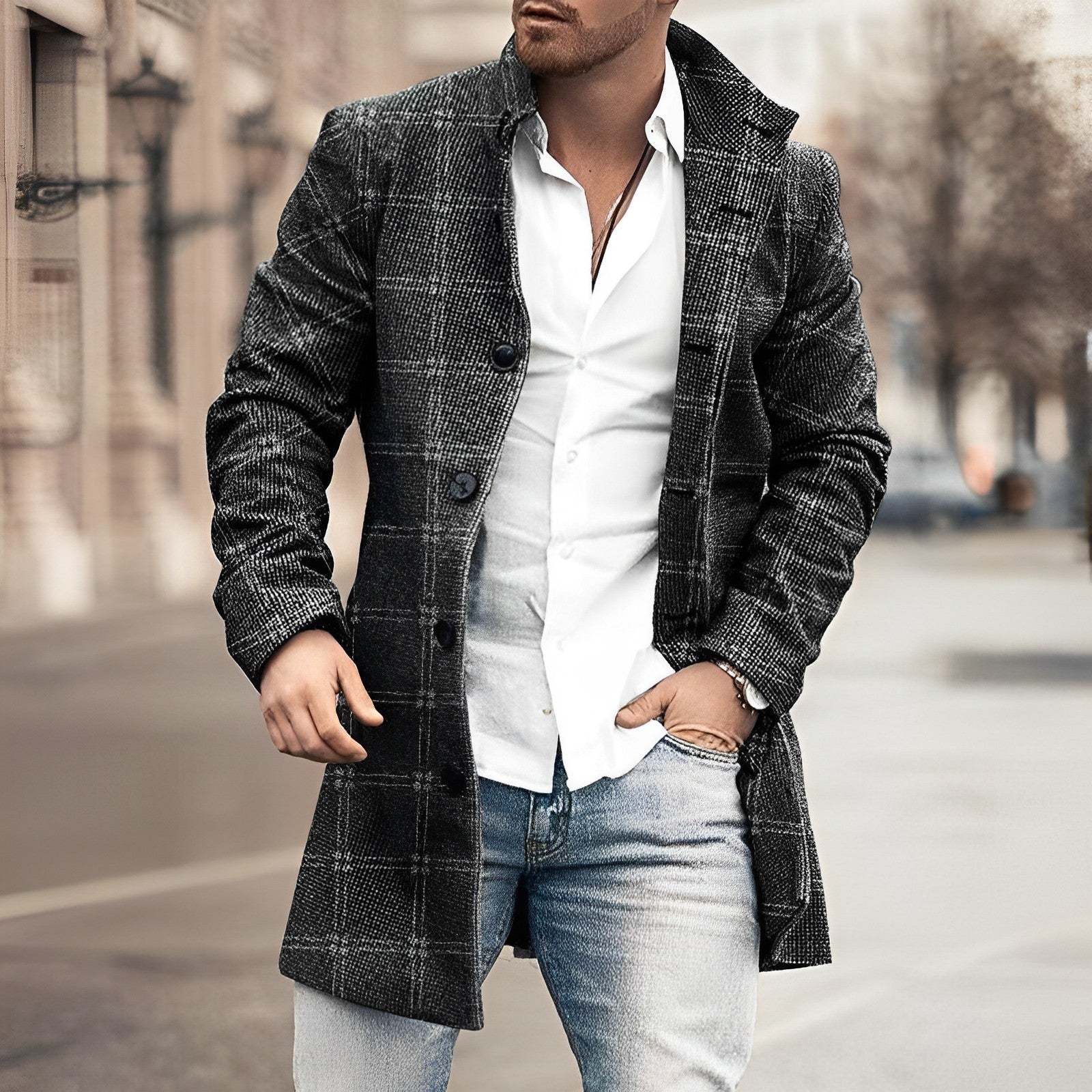 Men's Plaid Overcoat - Button Front with Side Pockets