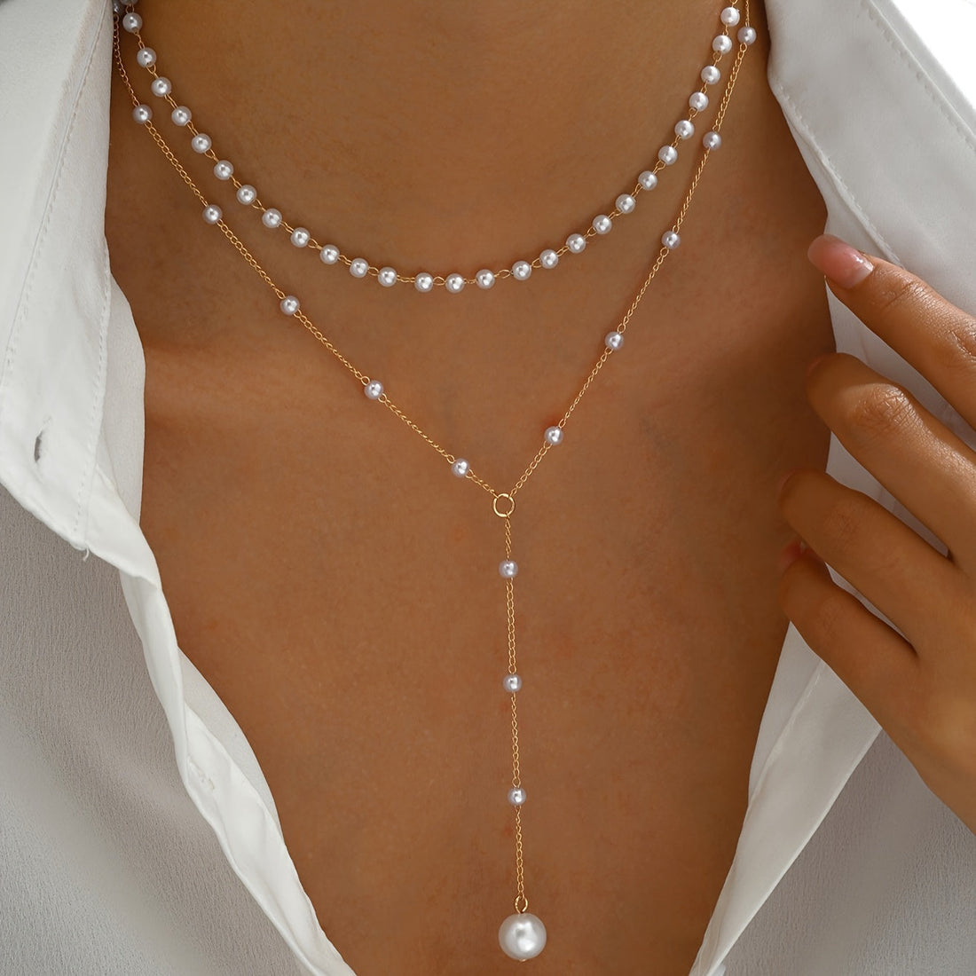 Women's Gold Layered Necklace - Chain with Pearls