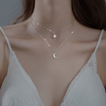 Women's Silver Layered Necklace - Star and Moon Pendant