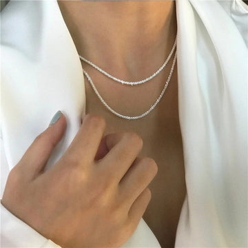 Women's Silver Layered Necklace - Rhinestone Detail