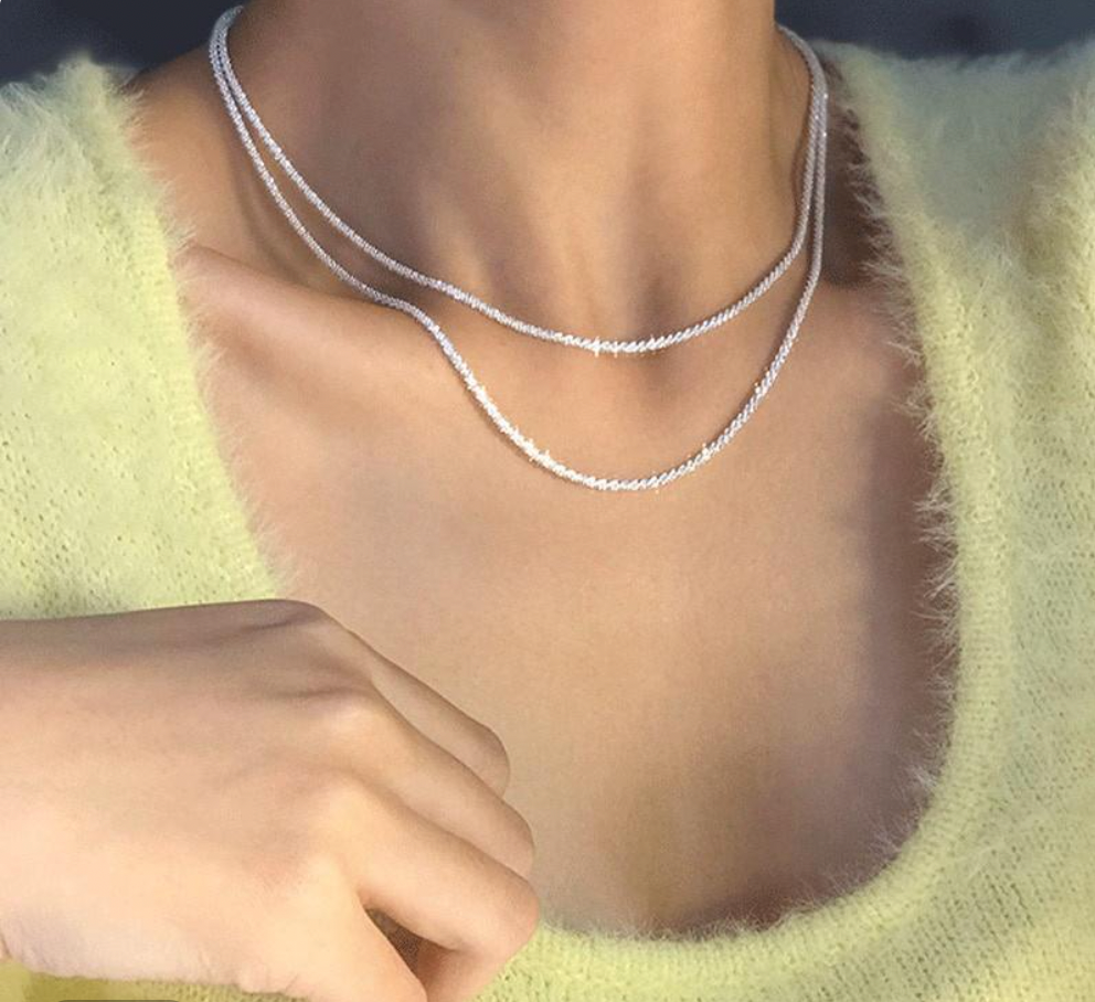 Women's Silver Layered Necklace - Rhinestone Detail