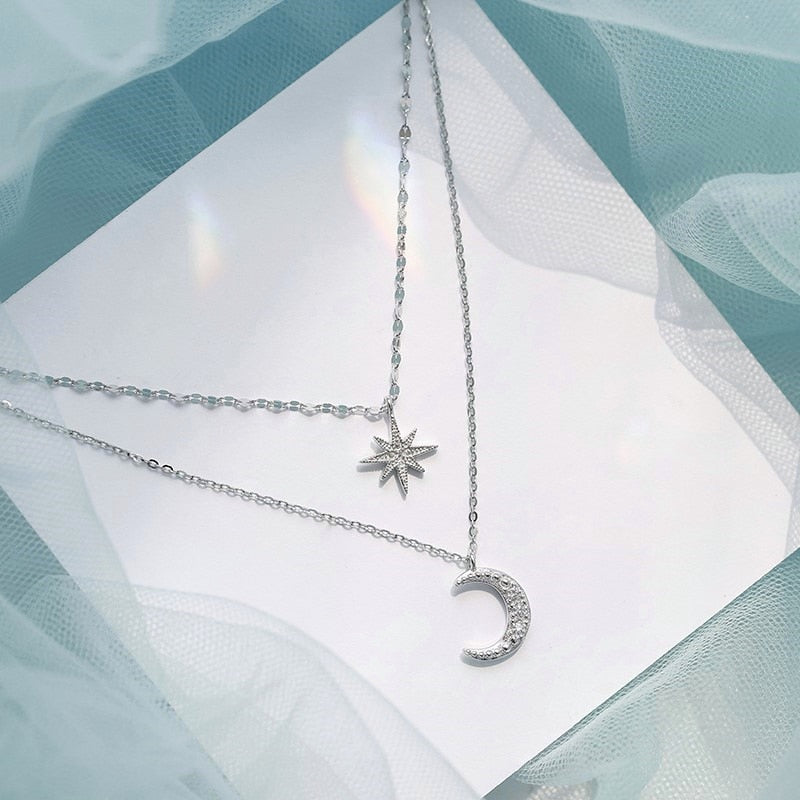 Women's Silver Layered Necklace - Star and Moon Pendant