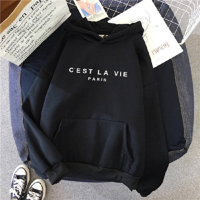 Women's Loose Fit Hoodie - 'C'est La Vie' Graphic & Kangaroo Pocket
