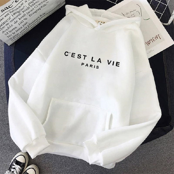 Women's Loose Fit Hoodie - 'C'est La Vie' Graphic & Kangaroo Pocket