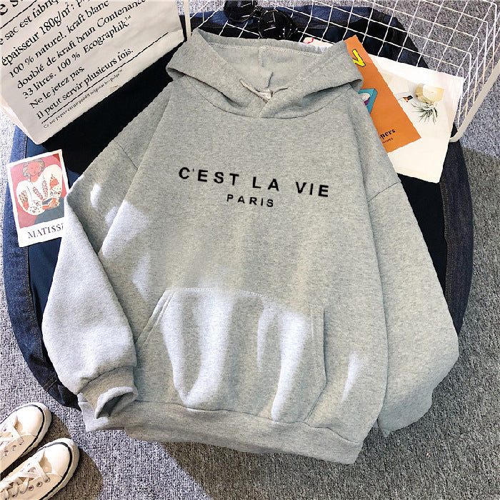 Women's Loose Fit Hoodie - 'C'est La Vie' Graphic & Kangaroo Pocket