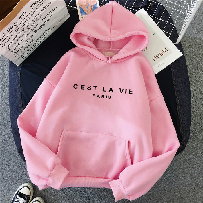 Women's Loose Fit Hoodie - 'C'est La Vie' Graphic & Kangaroo Pocket