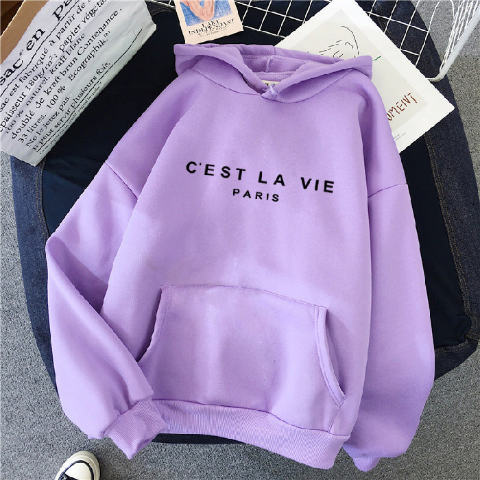 Women's Loose Fit Hoodie - 'C'est La Vie' Graphic & Kangaroo Pocket