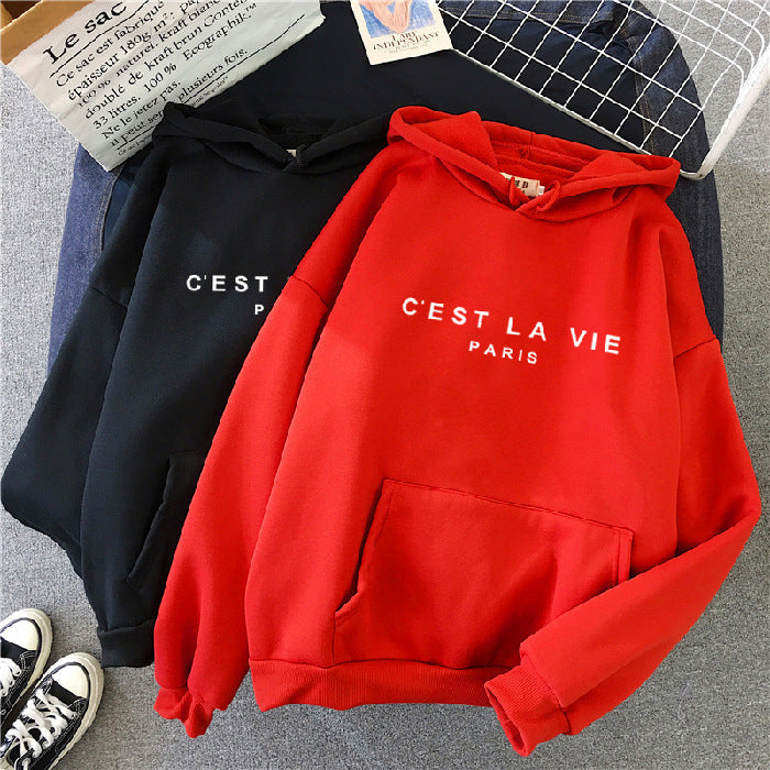 Women's Loose Fit Hoodie - 'C'est La Vie' Graphic & Kangaroo Pocket