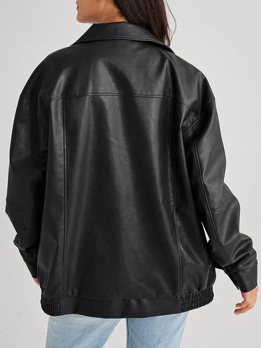 Women's Zip-Up Biker Jacket - Oversized Fit with Shirred Hem