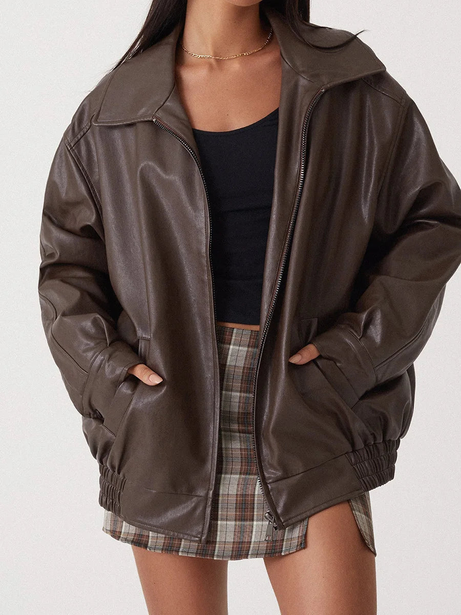 Women's Zip-Up Biker Jacket - Oversized Fit with Shirred Hem