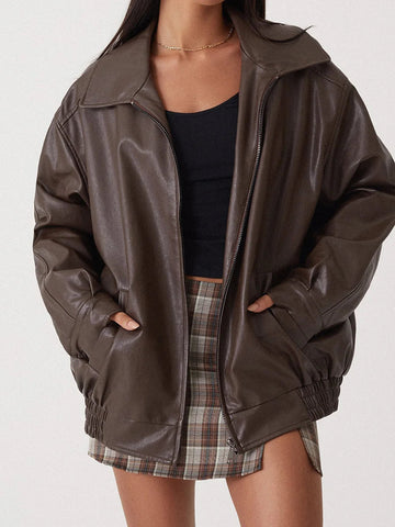 Women's Zip-Up Biker Jacket - Oversized Fit with Shirred Hem