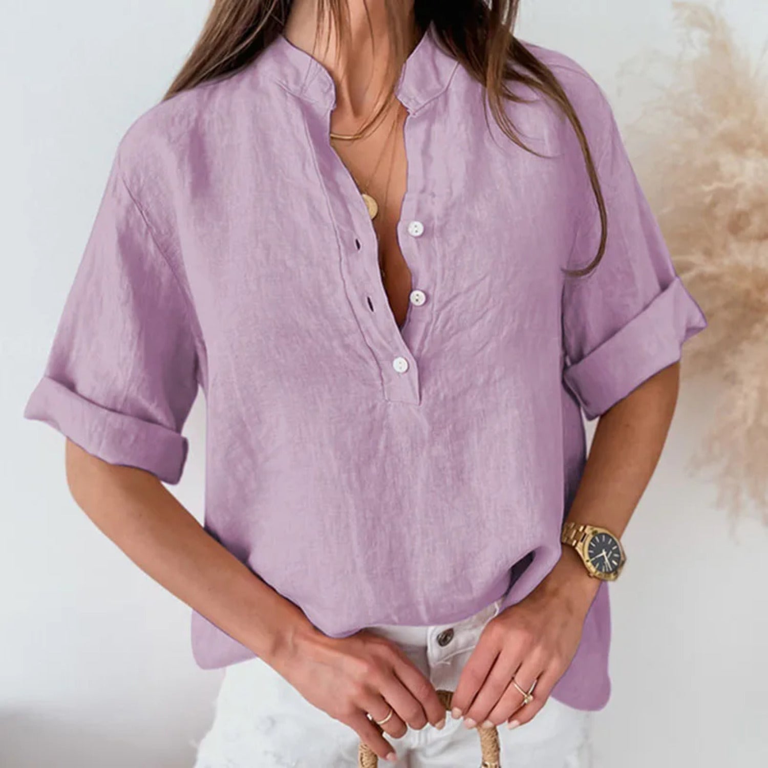 Lightweight Band Collar Blouse for Women