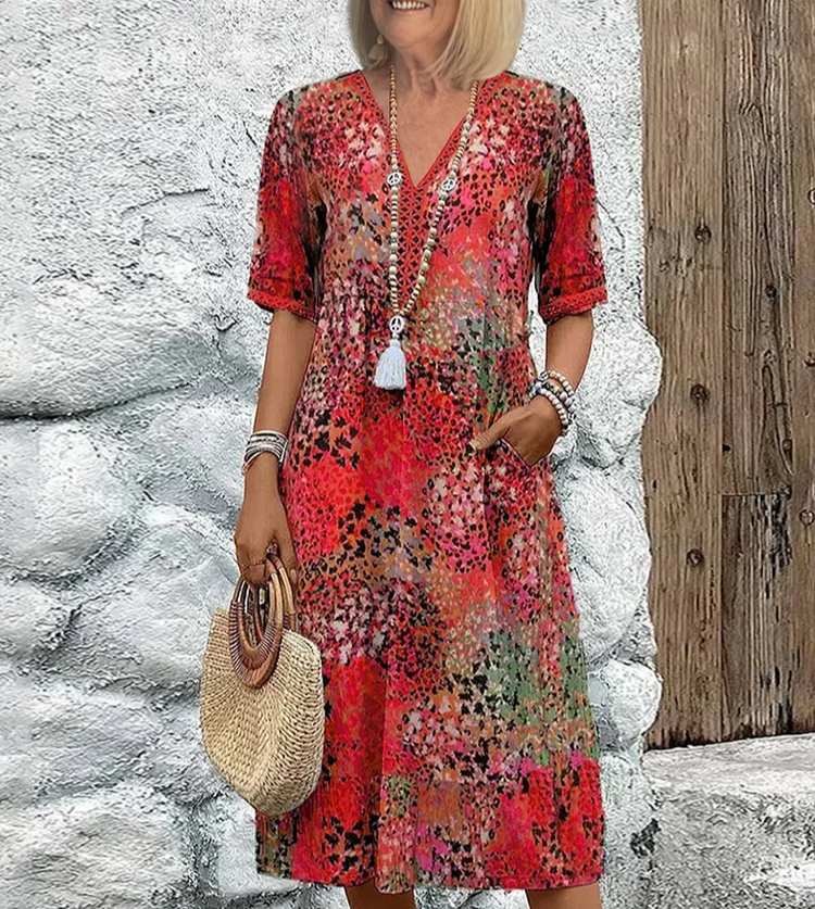 Women's Floral V-Neck Midi Dress - Short Sleeve Casual Summer Dress