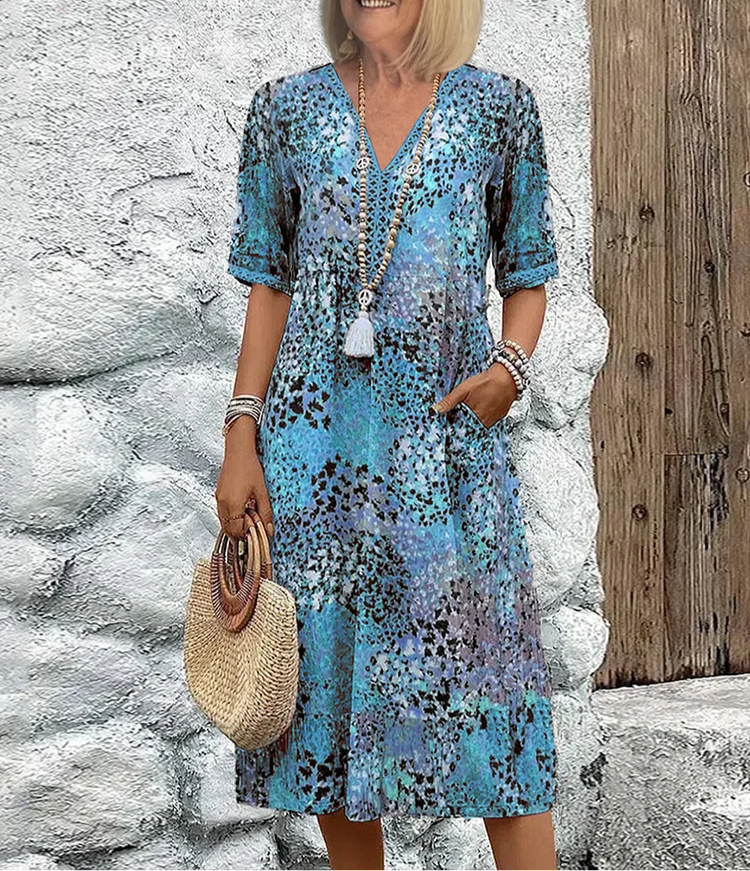 Women's Floral V-Neck Midi Dress - Short Sleeve Casual Summer Dress