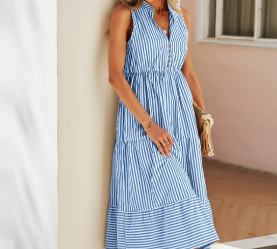 Women's Light Blue Striped Tiered Midi Dress - Button Design, Flowy Summer