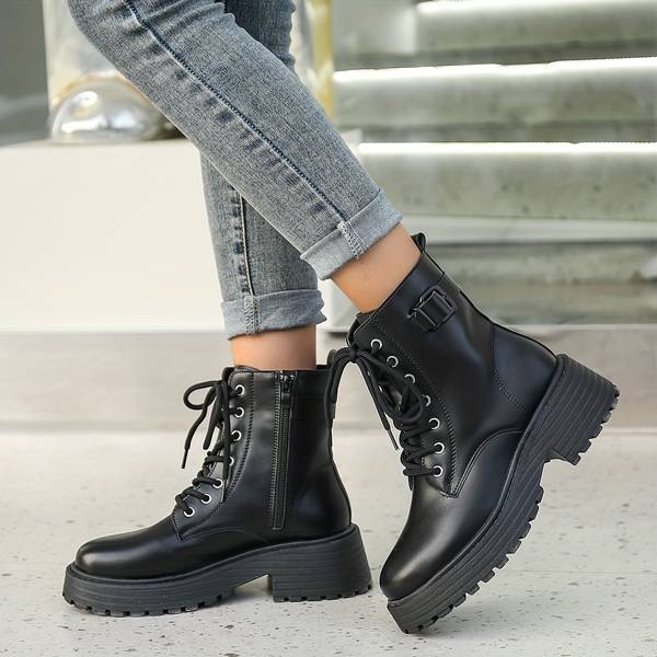 Women's Leather Combat Boots - Platform & Side Zip