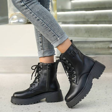 Women's Leather Combat Boots - Platform & Side Zip