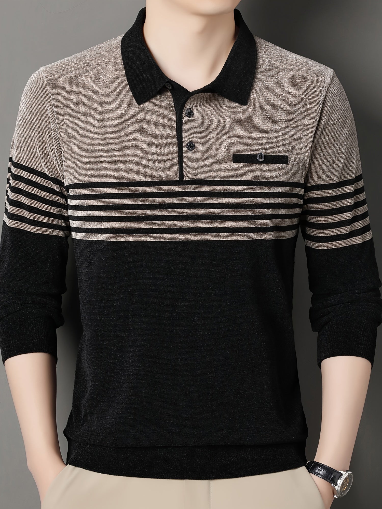 Striped Knit Sweater with Buttoned Collar for Men | Ryan