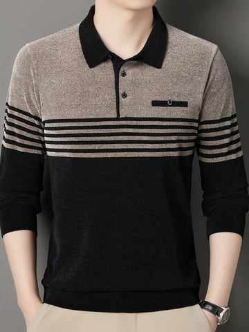 Striped Knit Sweater with Buttoned Collar for Men | Ryan