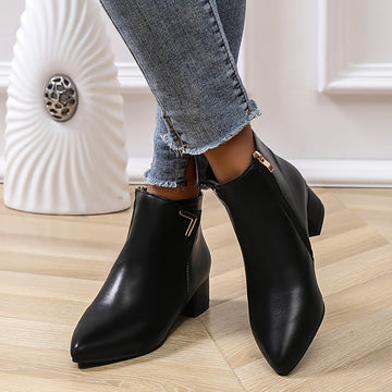 Women's Black Ankle Boots - Chunky Heel and Pointed Toe