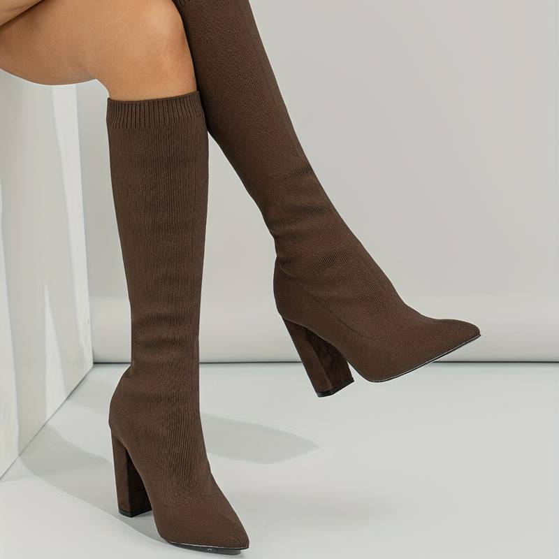 Women's Knee-High Boots - Sock Fit with Pointed Toe and High Block Heel