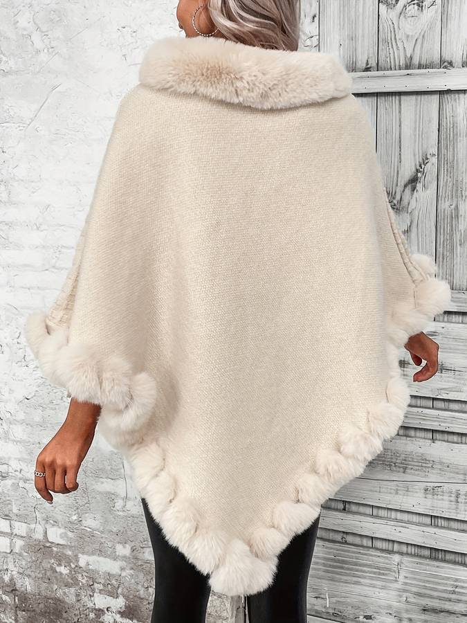 Women's Beige Poncho - Diamond Pattern with Fuzzy Trim Hem