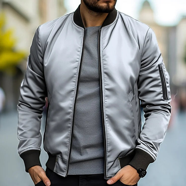 Men's Bomber Jacket - Ribbed Trim and Zippered Sleeve Pocket