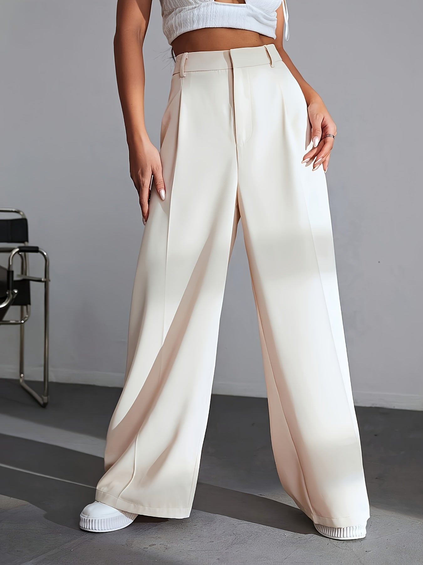 Women's High Waisted Wide Leg Trousers - Pleated Style