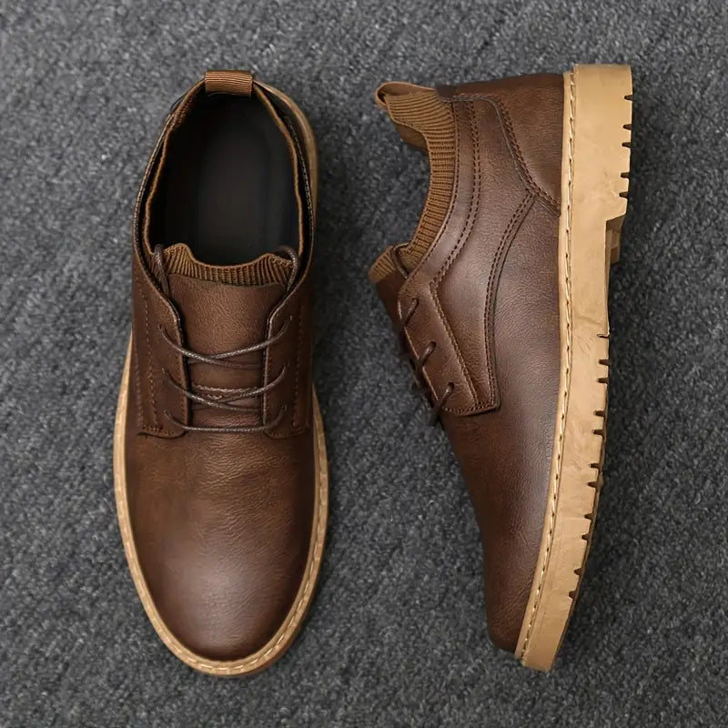 Men's Brown Leather Shoes - Classic Non-Slip Lace-Ups