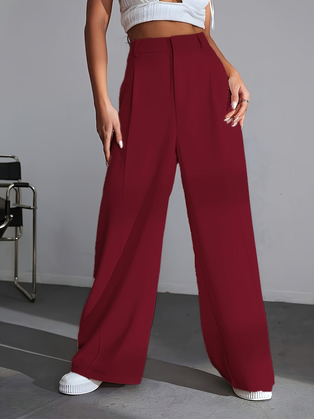 Women's High Waisted Wide Leg Trousers - Pleated Style