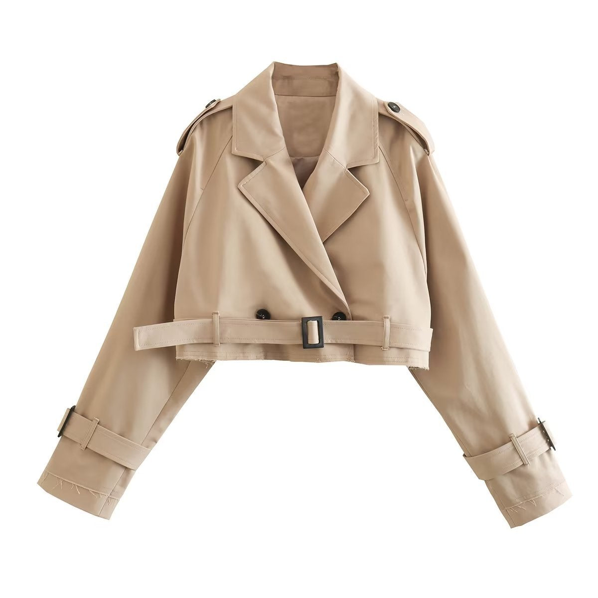 Women's Stylish Crop Trench Coat - Elegant Belt Design
