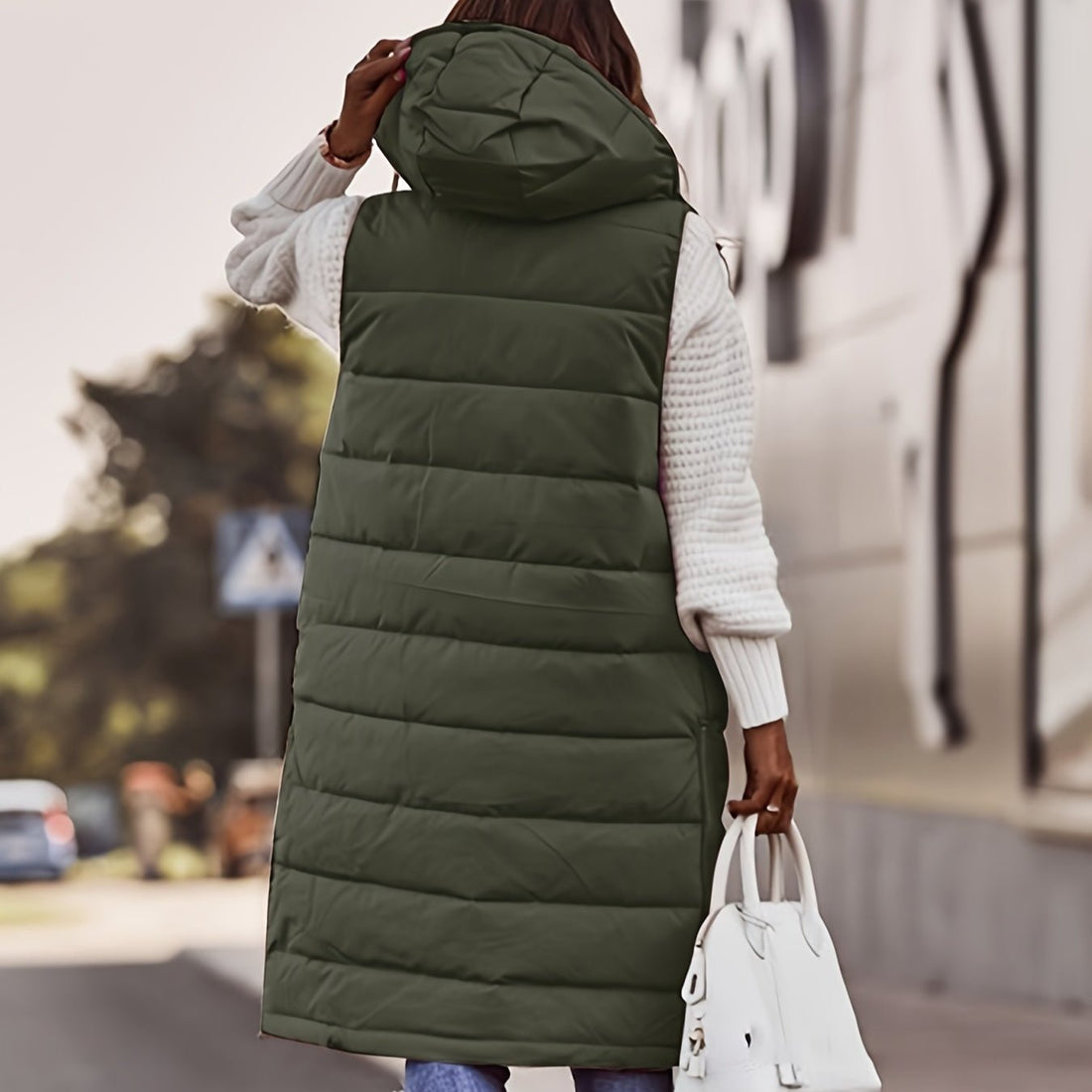 Women's Long Padded Vest - Hooded & Sleeveless
