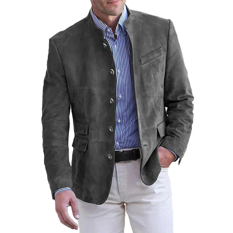 Men's Suede Blazer - Mandarin Collar & Slim Fit