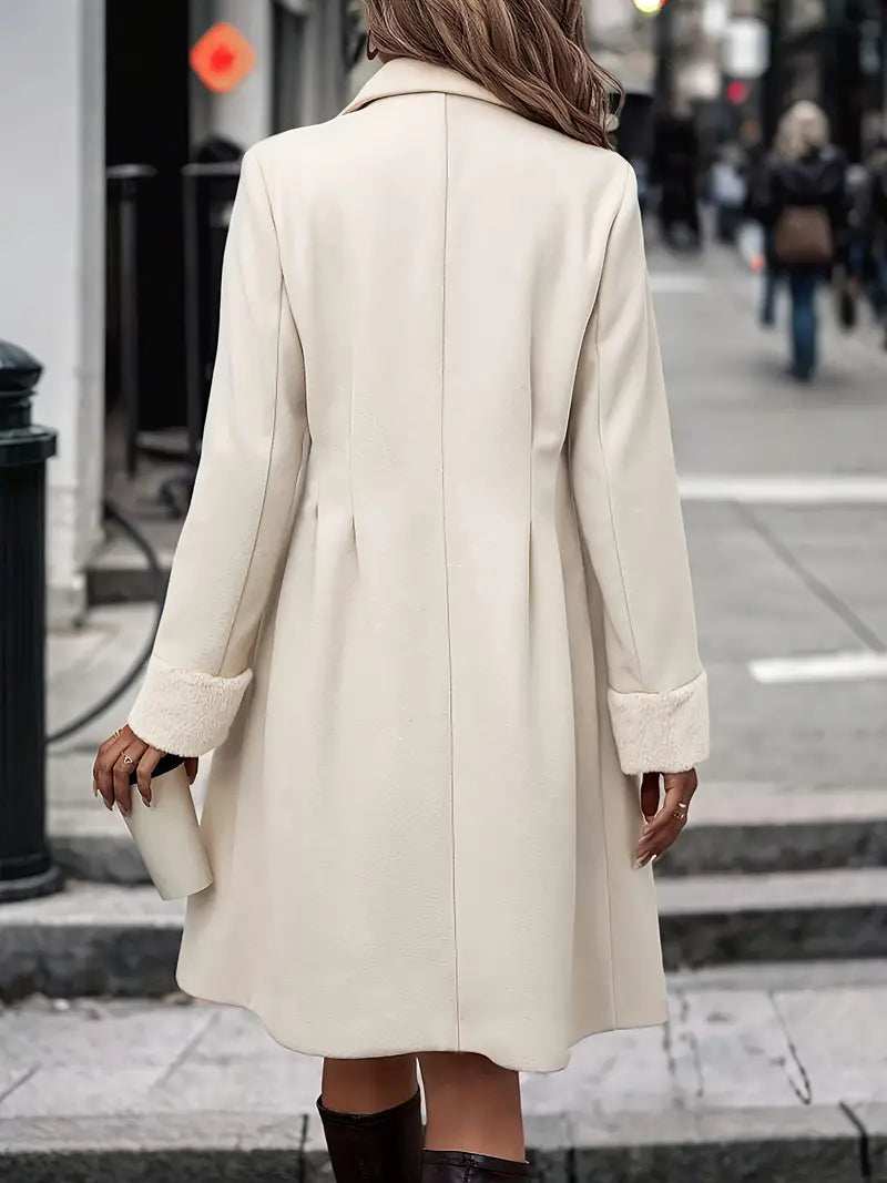 Women's Apricot Coat - Double-Breasted with Fuzzy Cuffs
