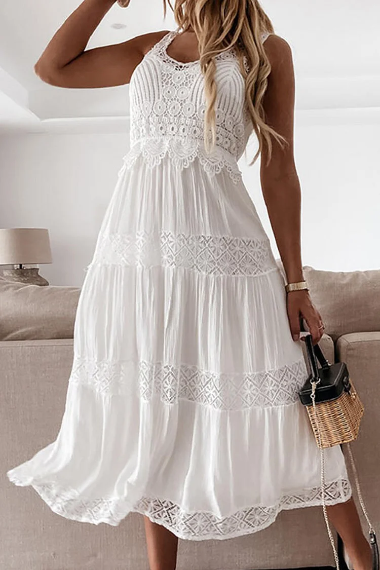 Women's White A-Line Midi Dress - Sleeveless Lace Crochet Breathable