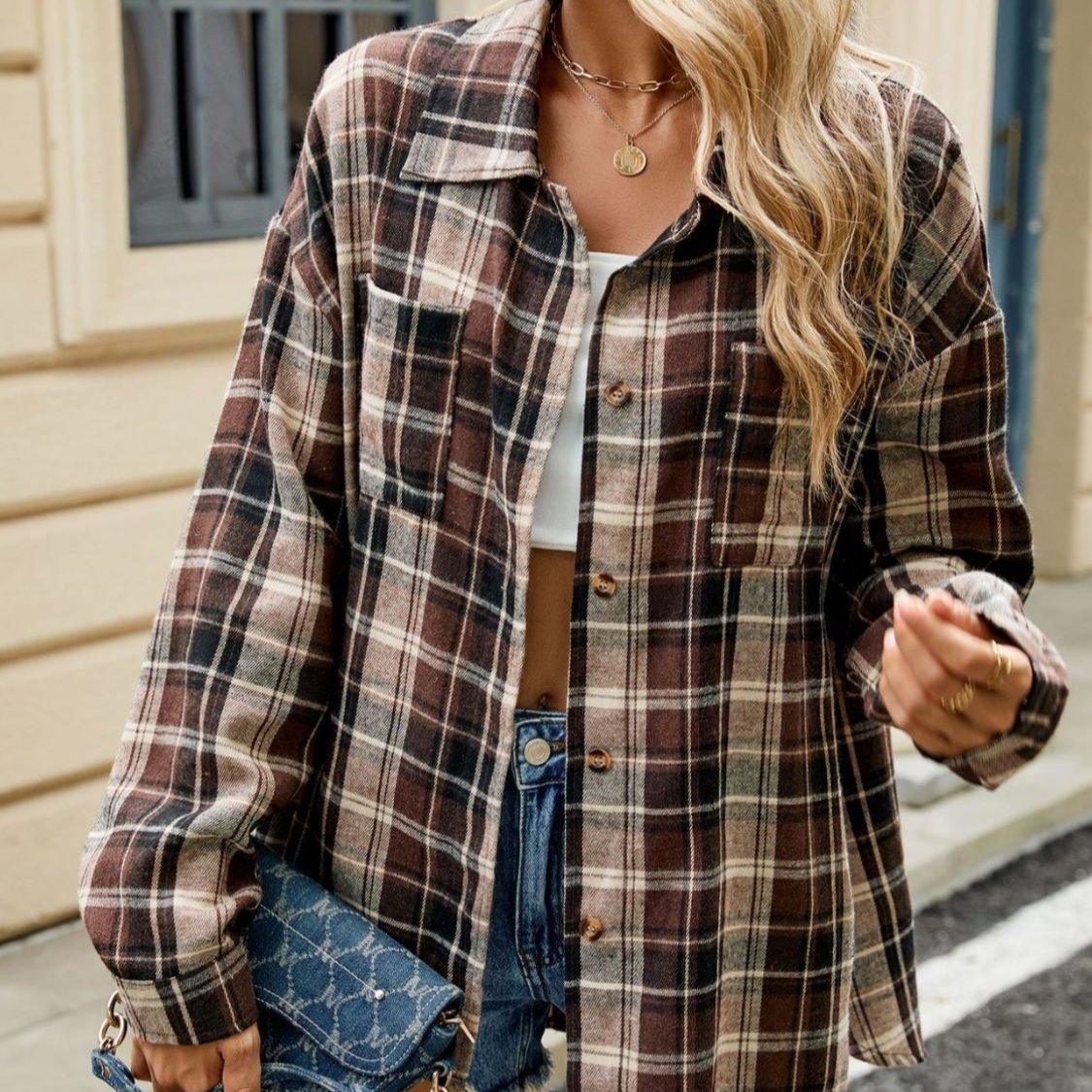 Women's Plaid Shirt - Button-Front with Chest Pockets