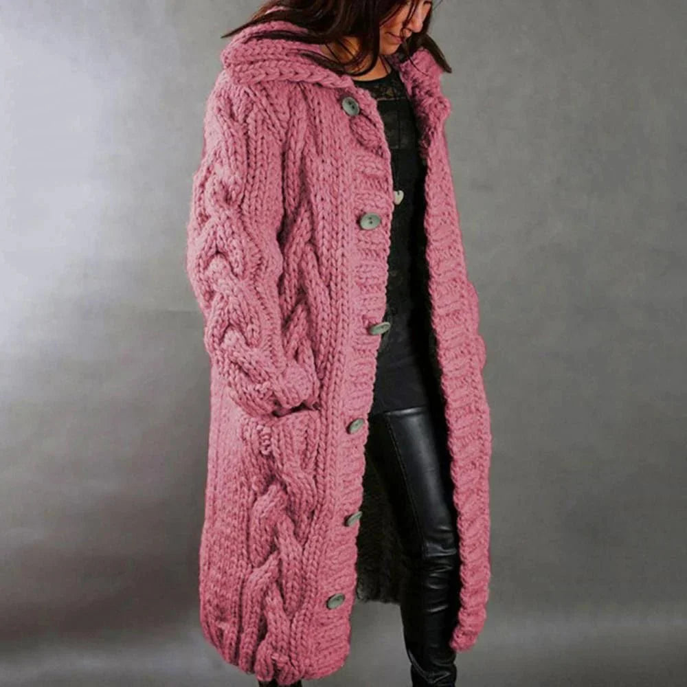 Women's Long Chunky Knitted Cardigan - Hooded Cable Knit Maxi Coat