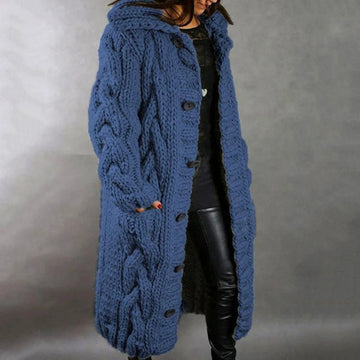 Women's Long Chunky Knitted Cardigan - Hooded Cable Knit Maxi Coat