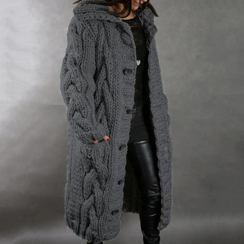 Women's Long Chunky Knitted Cardigan - Hooded Cable Knit Maxi Coat