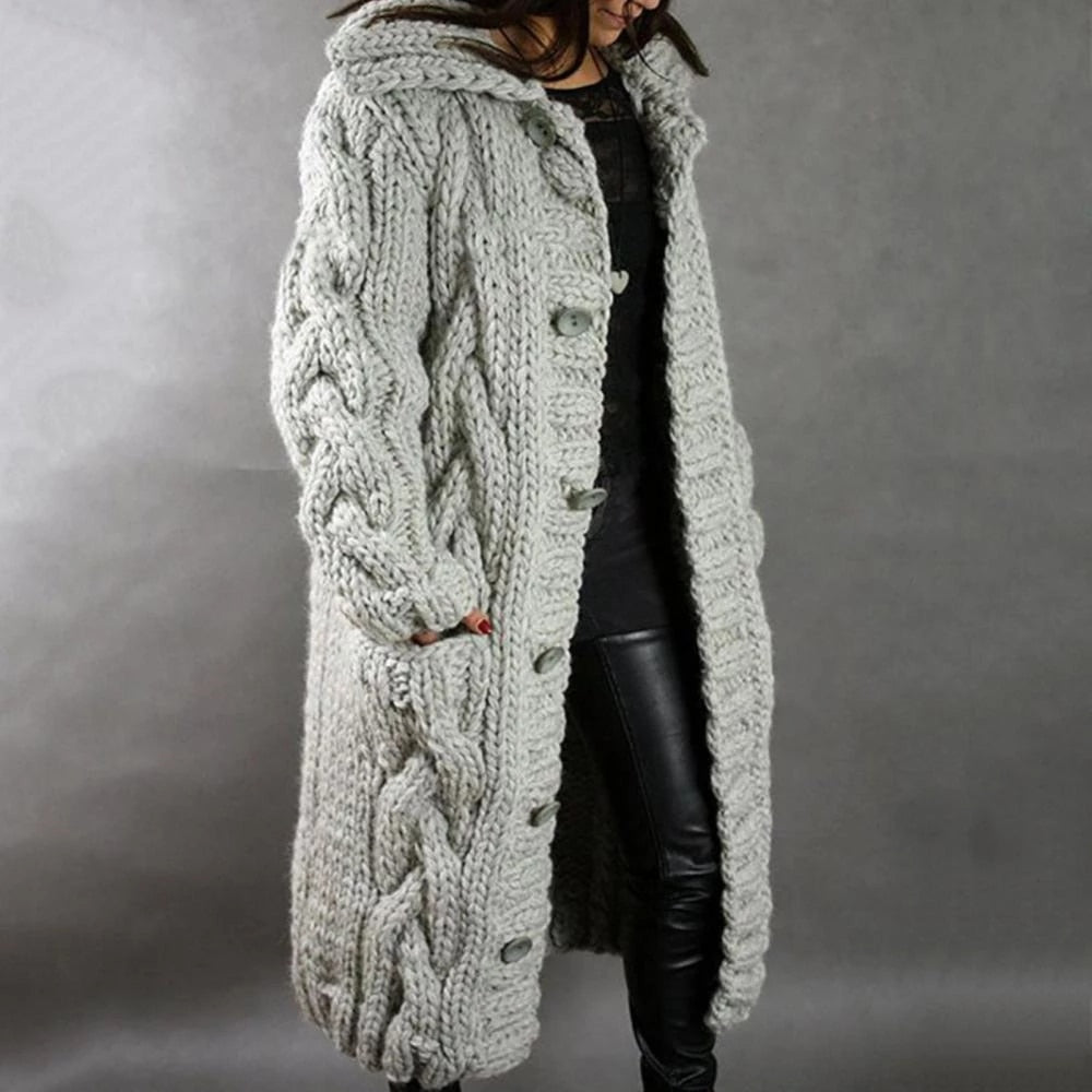 Women's Long Chunky Knitted Cardigan - Hooded Cable Knit Maxi Coat