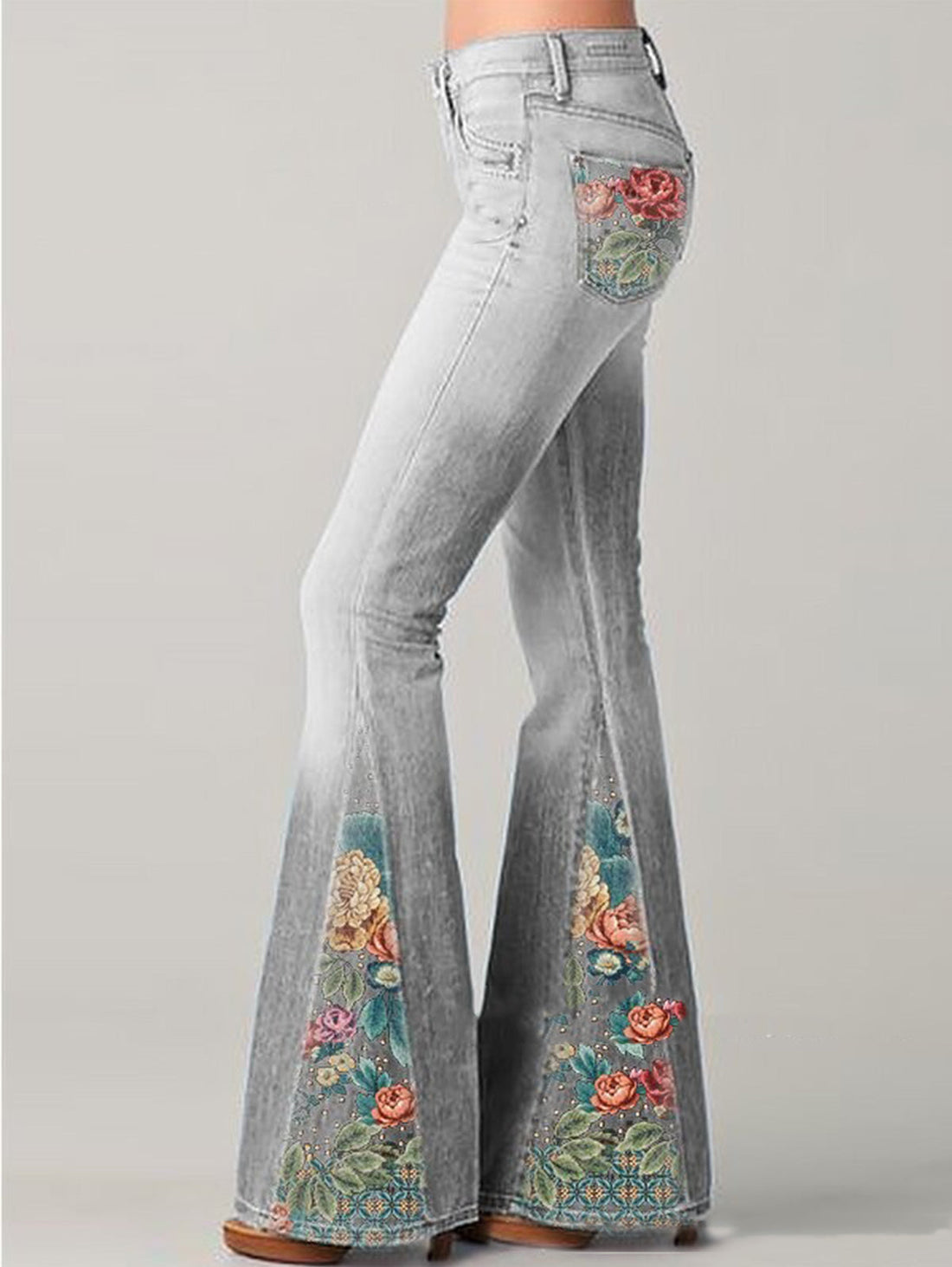 Women's Ombre Floral Flared Jeans - High-Waisted Fit