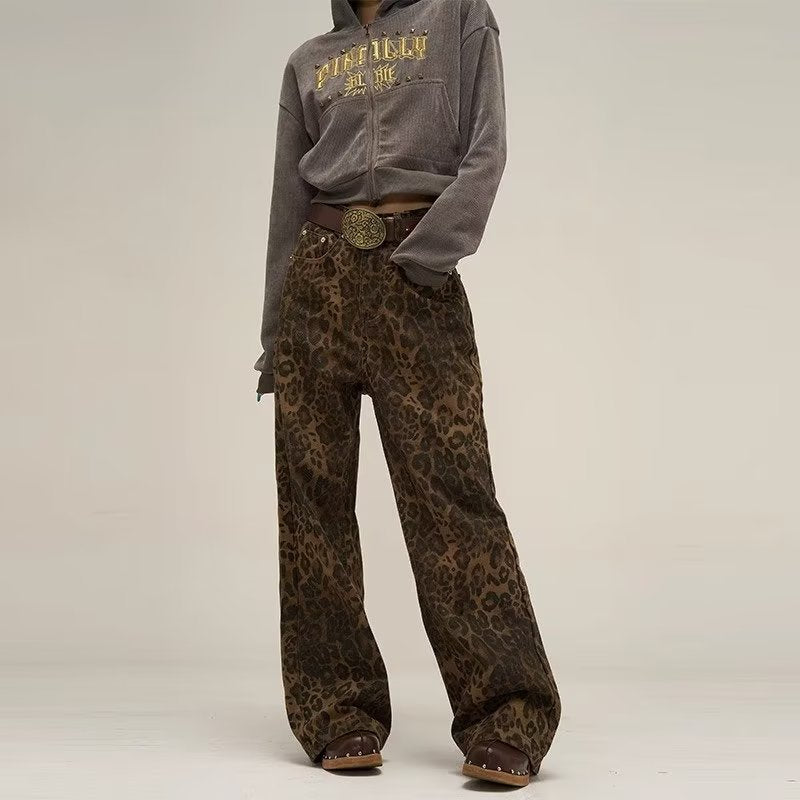 Women's Leopard Print Jeans - Belt Fashionable Leisure