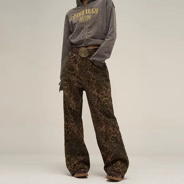 Women's Leopard Print Jeans - Belt Fashionable Leisure