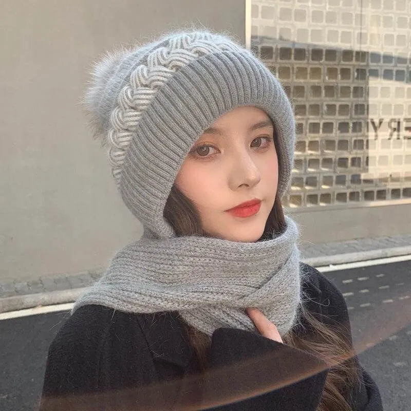 Women's Pom-Pom Beanie - Knitted Balaclava Scarf with Hood