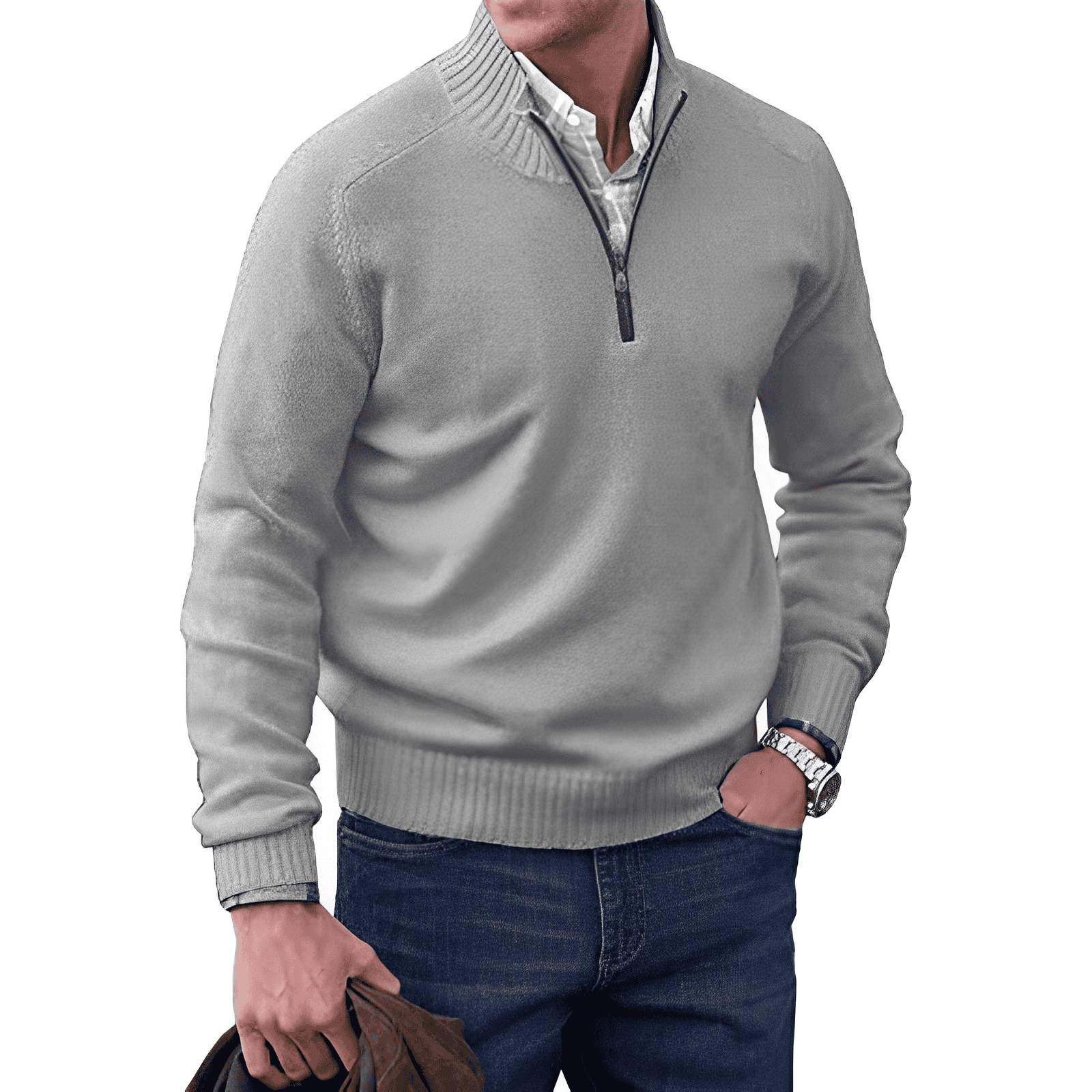 Men's Jumper - Quarter-Zip with Ribbed Cuffs