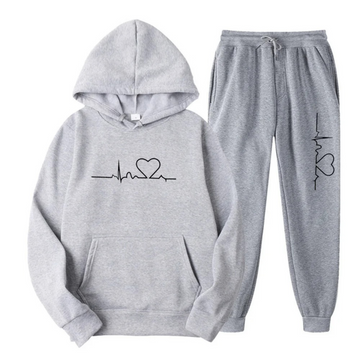 Women's Loungewear Set - Heart Print Hoodie & Drawstring Joggers