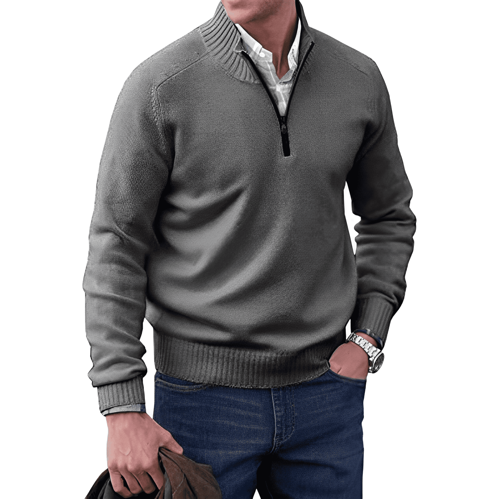 Men's Jumper - Quarter-Zip with Ribbed Cuffs