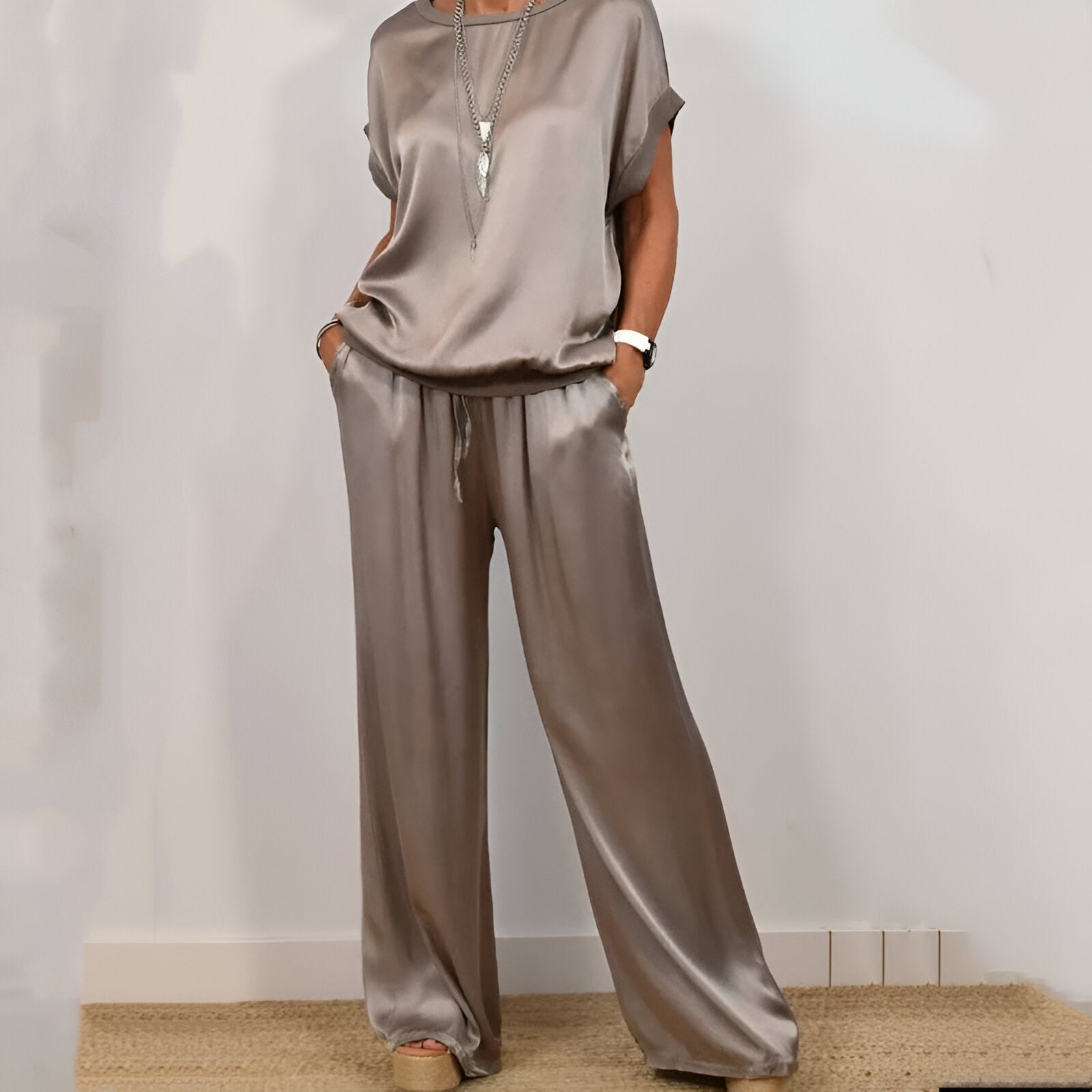 Soft Wide-Leg Trousers and Short Sleeve Top Set for Women